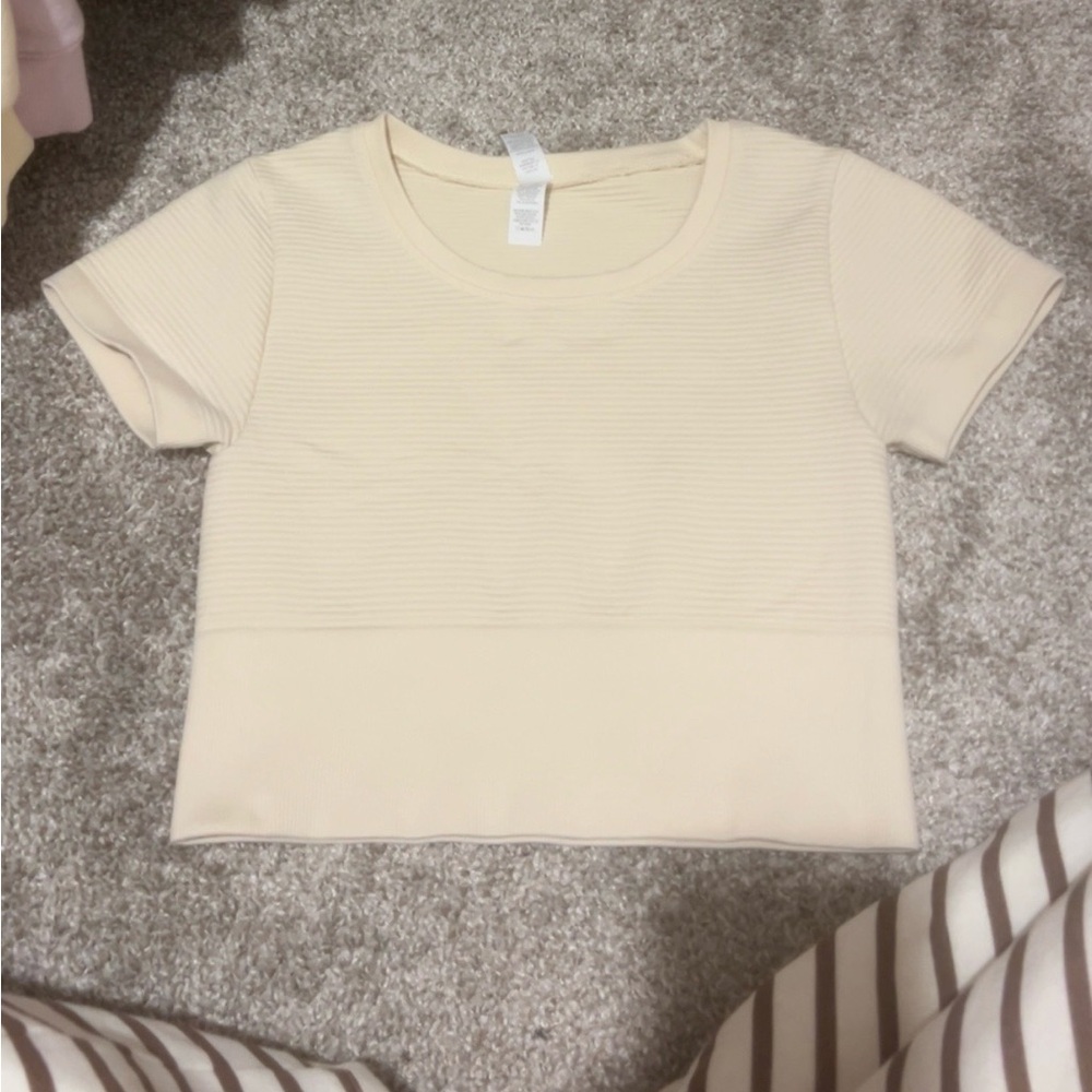 aerie Cream Ribbed Short Sleeve Crop Top
